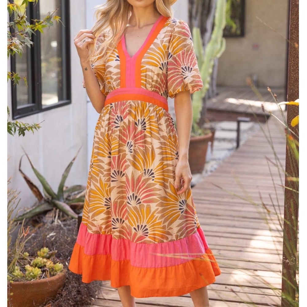 Voy Lay It All Out Taupe Tropical Fan Midi Dress